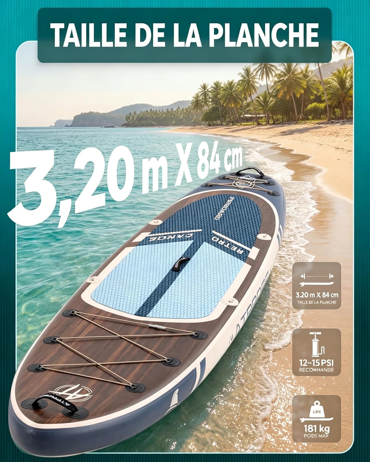 Stand Up Paddle gonflable adulte 320x84cm, 2 places, charge 200kg