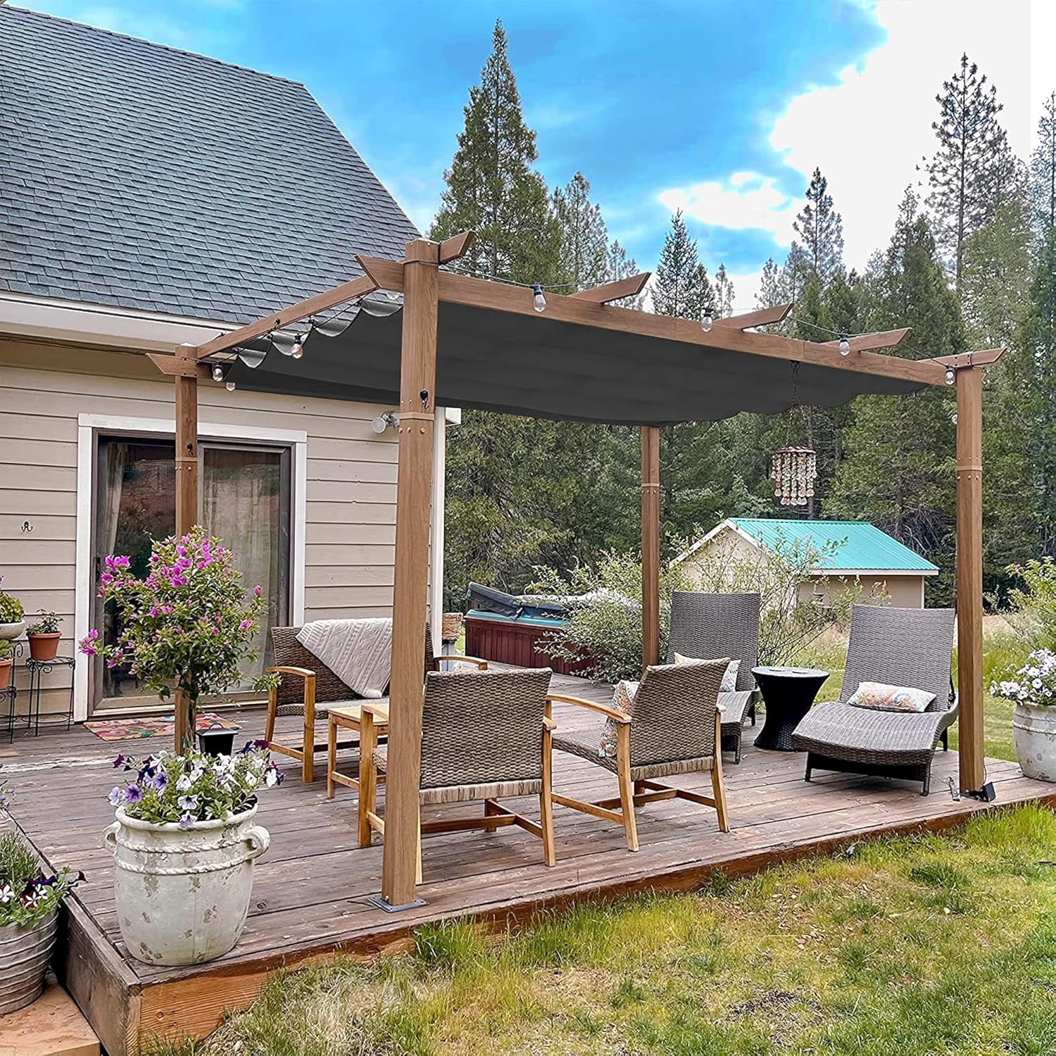 karaca-alisveris - Pergola aluminium - 4x3m - toile rétractable, teck, imperméable