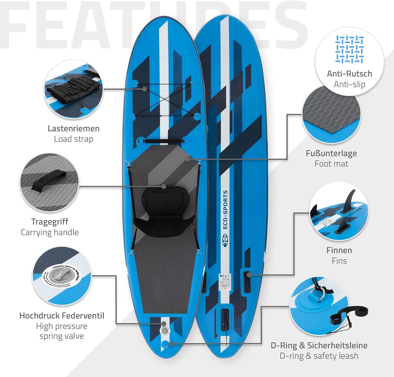 karaca-alisveris Stand Up Surf Paddle Board Gonflable 305/308/320/380 cm | PVC | jusqu'à 120/150 kg | Épaisseur 10/15 cm | Planche de Surf Pagaie Sac de Transport Pompe à Air | Diverses Couleurs Modèles