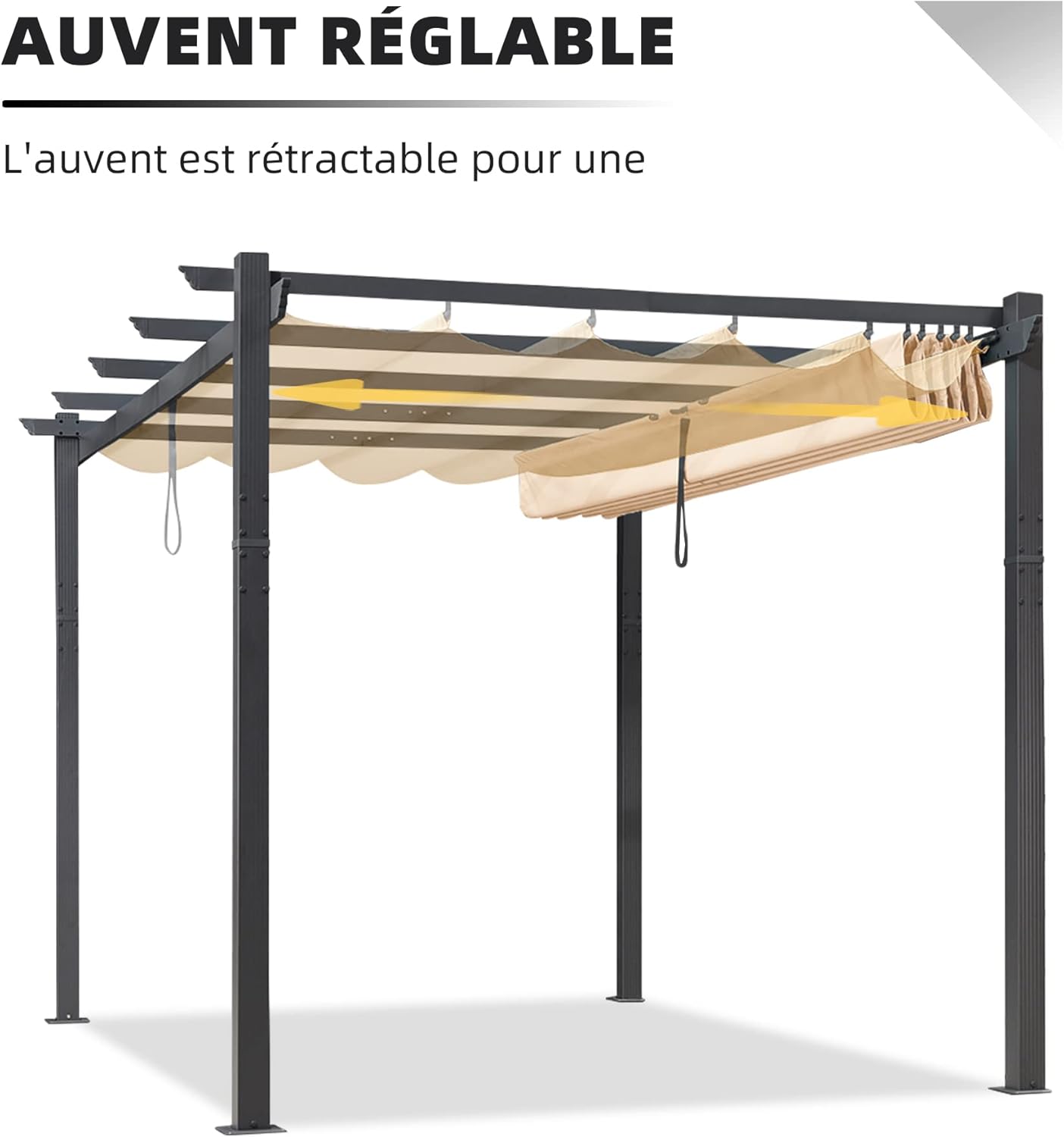 karaca-alisveris - Pergola aluminium LED, toit rétractable, 4x3m, kaki