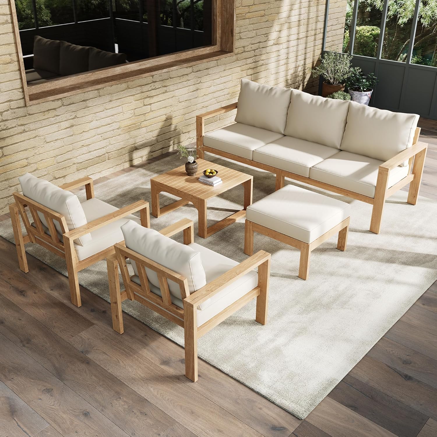 Canapé de jardin 4-6 places, acacia, modulable, table basse, fauteuils