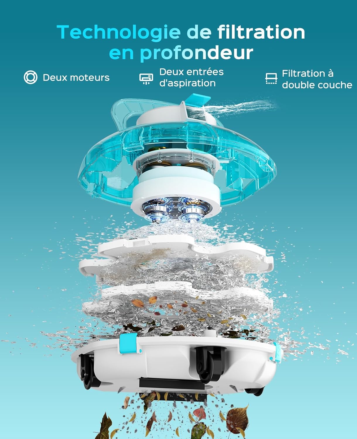 WINNY - 200 Robot Piscine - 60m² - sans fil, autonomie 75min, double filtration