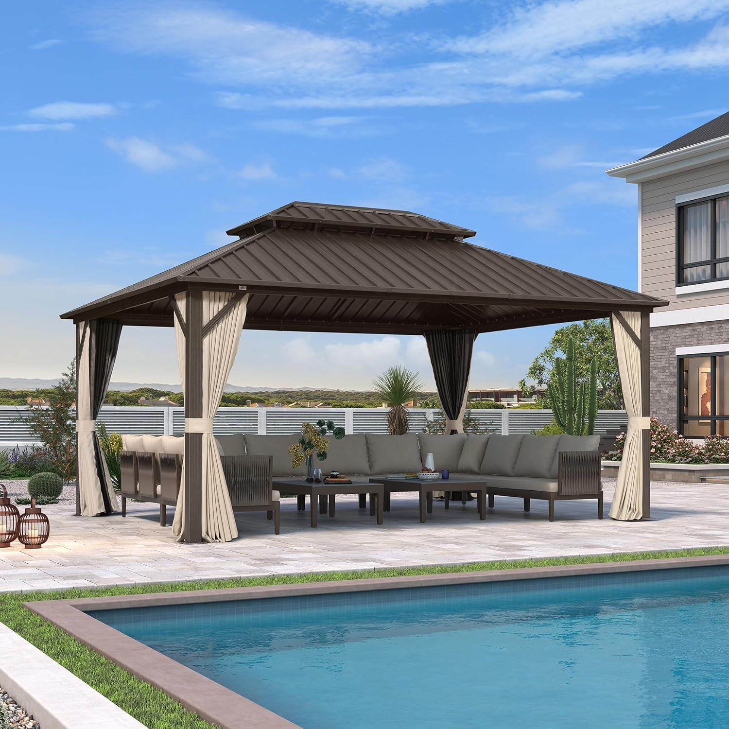 Pergolat double toit alu 4,85x3,65m, moustiquaire, bronze