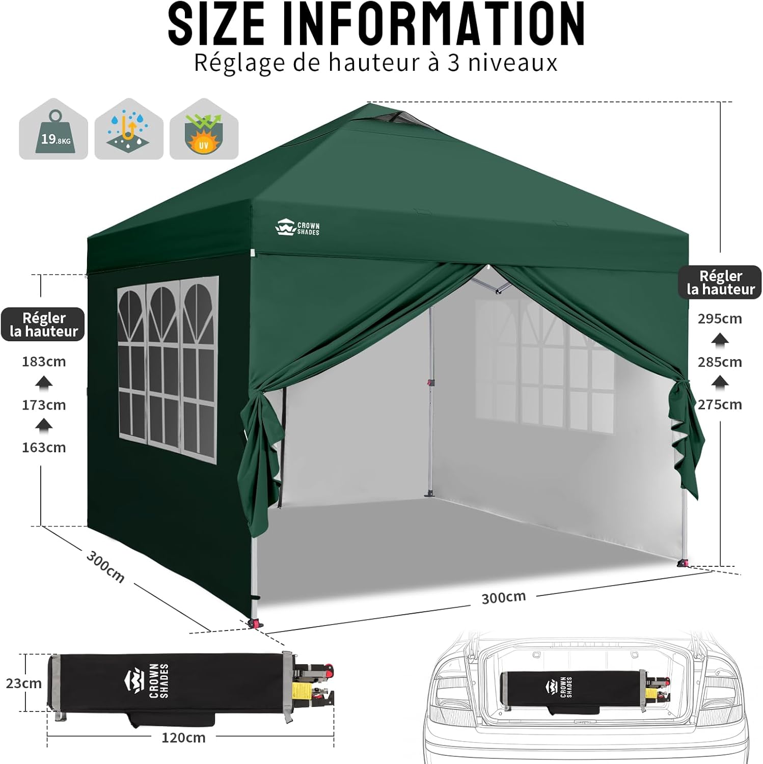 karaca-alisveris Tonnelle Pliante 3x3 Imperméable, Barnum Pliant de Jardin Exterieur, Pop-Up Gazebo avec Sac de Rangement, UPF 50+, avec 4 Parois Latérales Amovible, 4 Sac de Sable, Vert Forêt