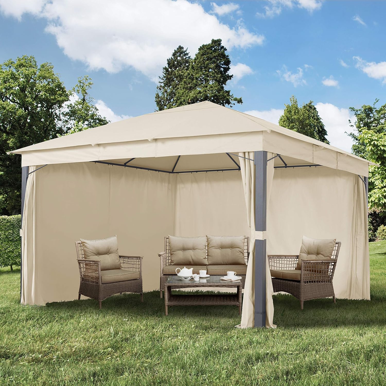 Pavillon de Jardin - ALU Premium - 4x4 m - bâche 220g/m² imperméable, 4 côtés, Champagne