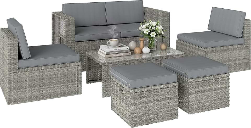 karaca-alisveris - salon de jardin 6 pièces - canapé, fauteuils, table, gain de place, résine tressée, gris
