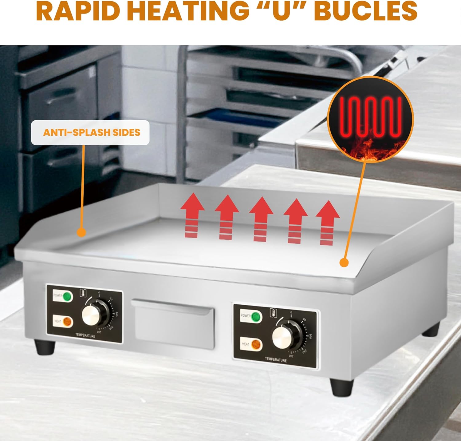 Plancha électrique - 66x44cm inox, thermostat jusqu'à 300°C, 3500W