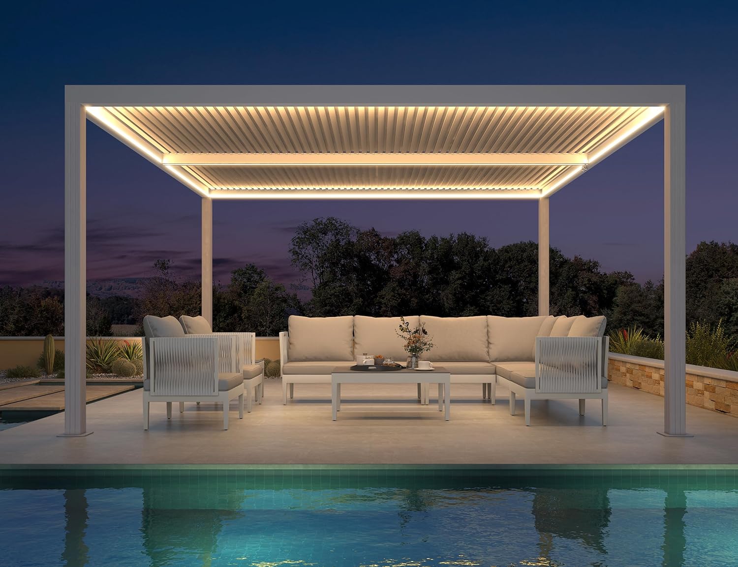 karaca-alisveris - Pergola bioclimatique 4,24x3m - alu, LED, gouttières, blanc