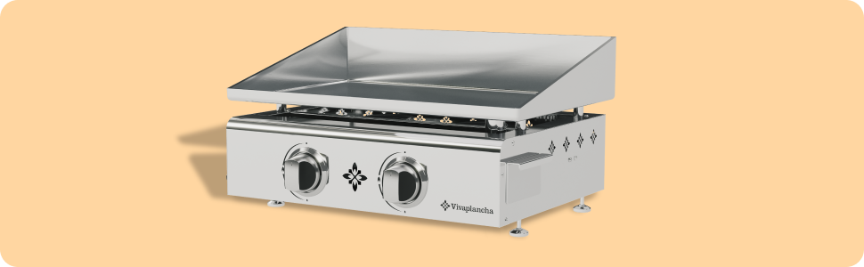 avec deux boutons de commande. Dispose d'une grande surface de cuisson plate et semble être portable.