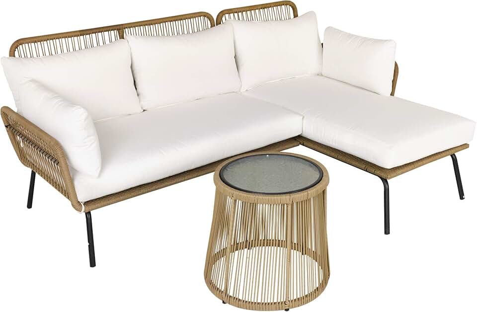 karaca-alisveris - salon de jardin d'angle 4 places résine tressée - table basse, coussins confort, crème