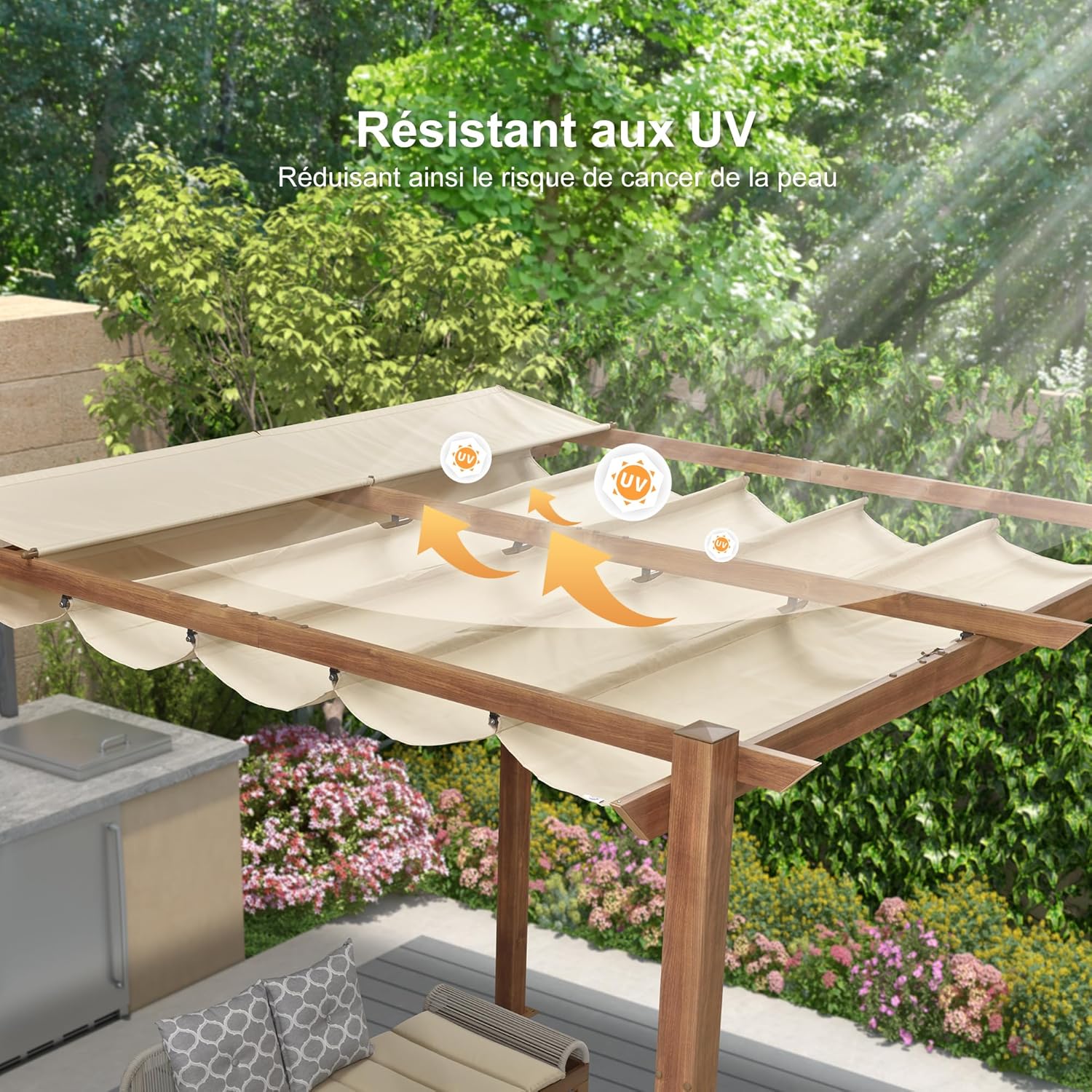 karaca-alisveris - pergola aluminium - 3x3m - teck, toile rétractable, kaki