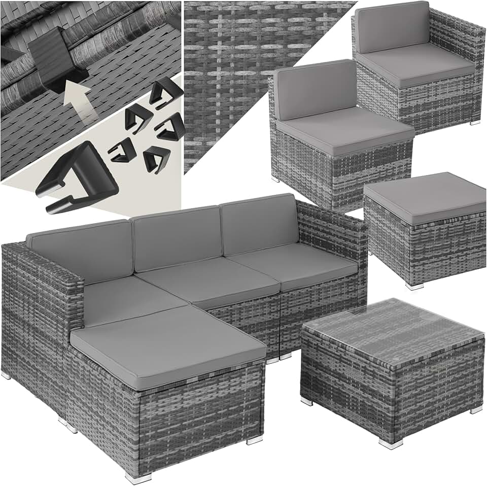 karaca-alisveris - Salon de jardin modulable 4 places, poly rotin, table et poufs