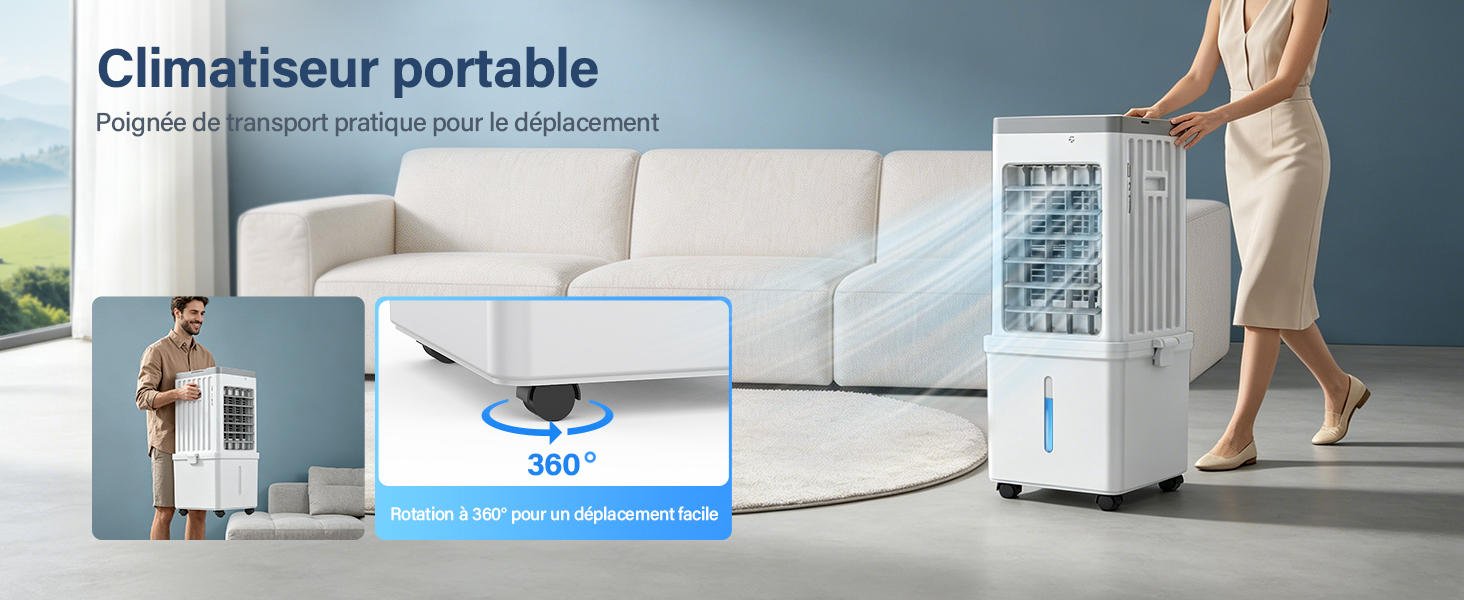 Le texte indique « Climatiseur portable » (Climatiseur portable). Présentoir de produit montrant une unité de climatisation portable blanche dans un salon moderne avec un canapé et une personne tenant la télécommande.