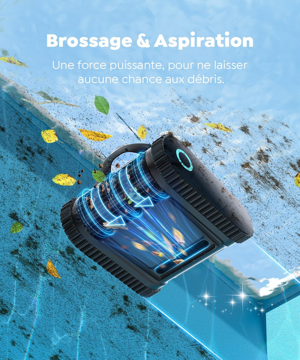 C1 - Robot piscine sans fil, fond et parois, 150m², 3 moteurs, applis, 170min - C1