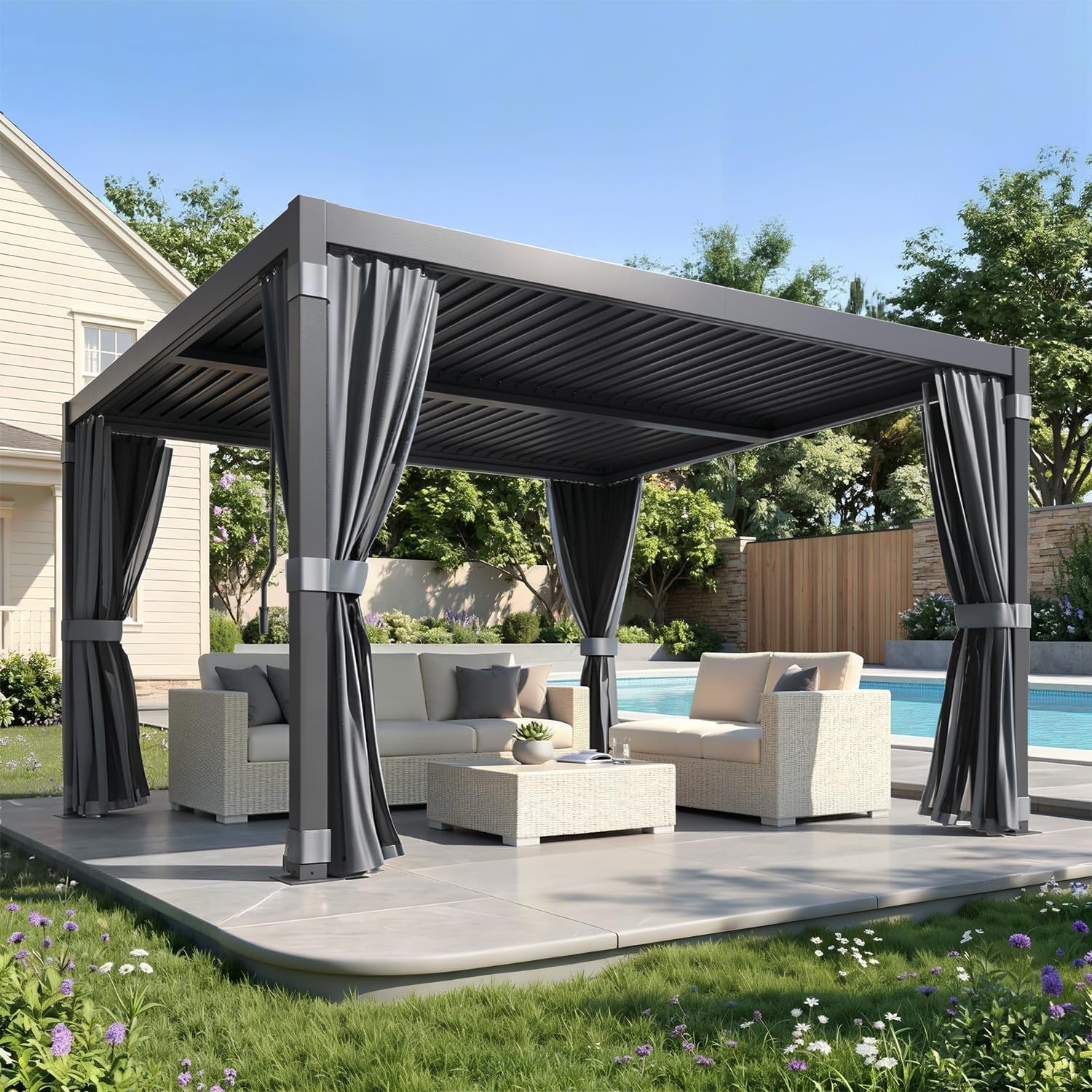 Pergola bioclimatique - aluminium/acier - 3x3 m - toit à lames, rideaux étanches