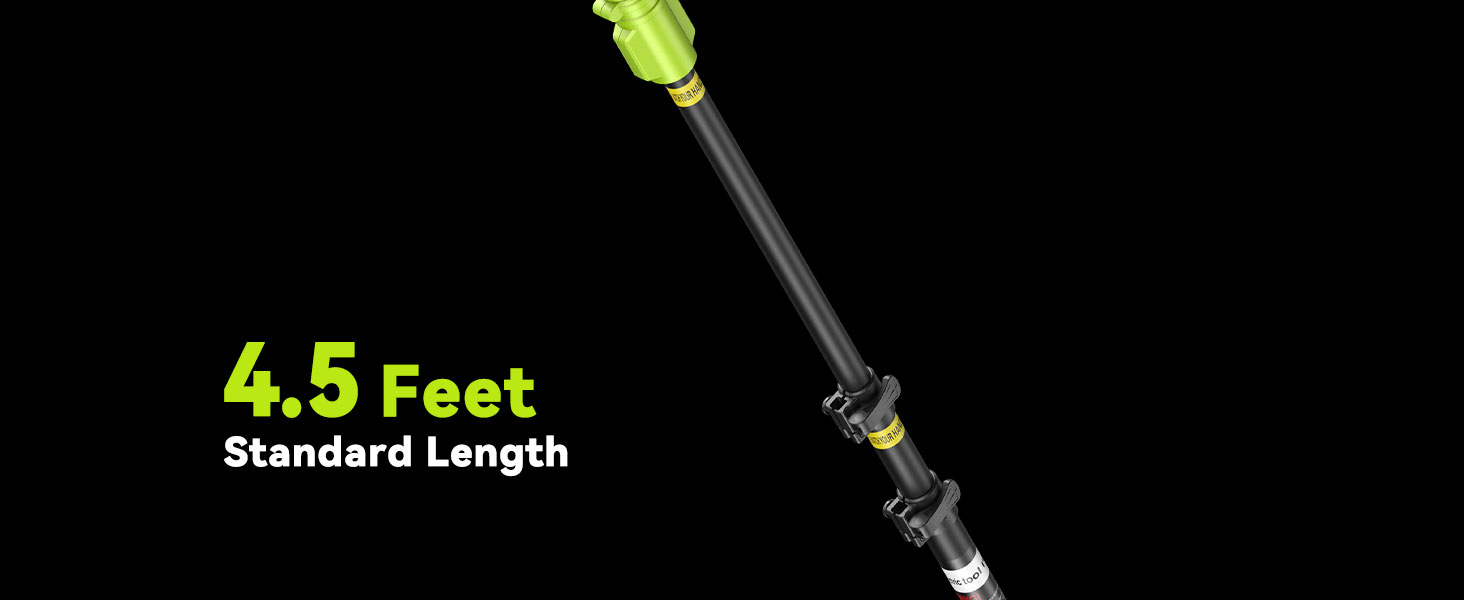 Outil ou poteau extensible avec embout vert citron, affichant le texte de mesure « 4,5 pieds de longueur standard »