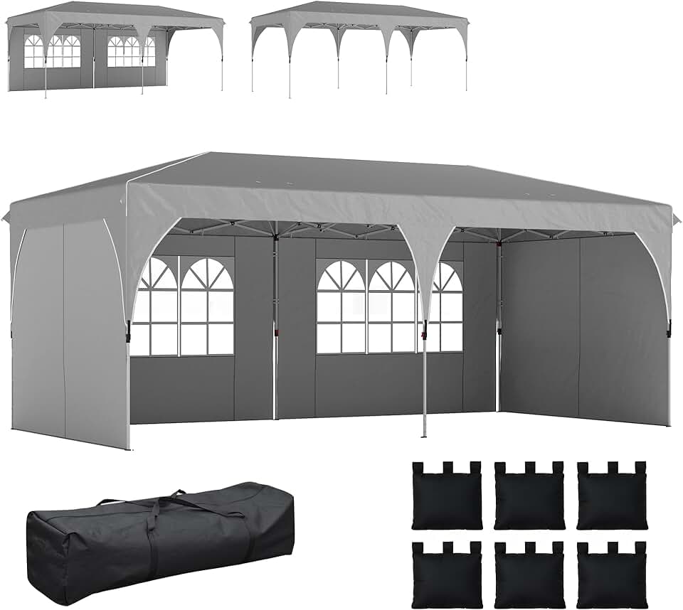 karaca-alisveris - Tonnelle Pop Up 3x6m, imperméable, réglable, UV50+, sacs, gris