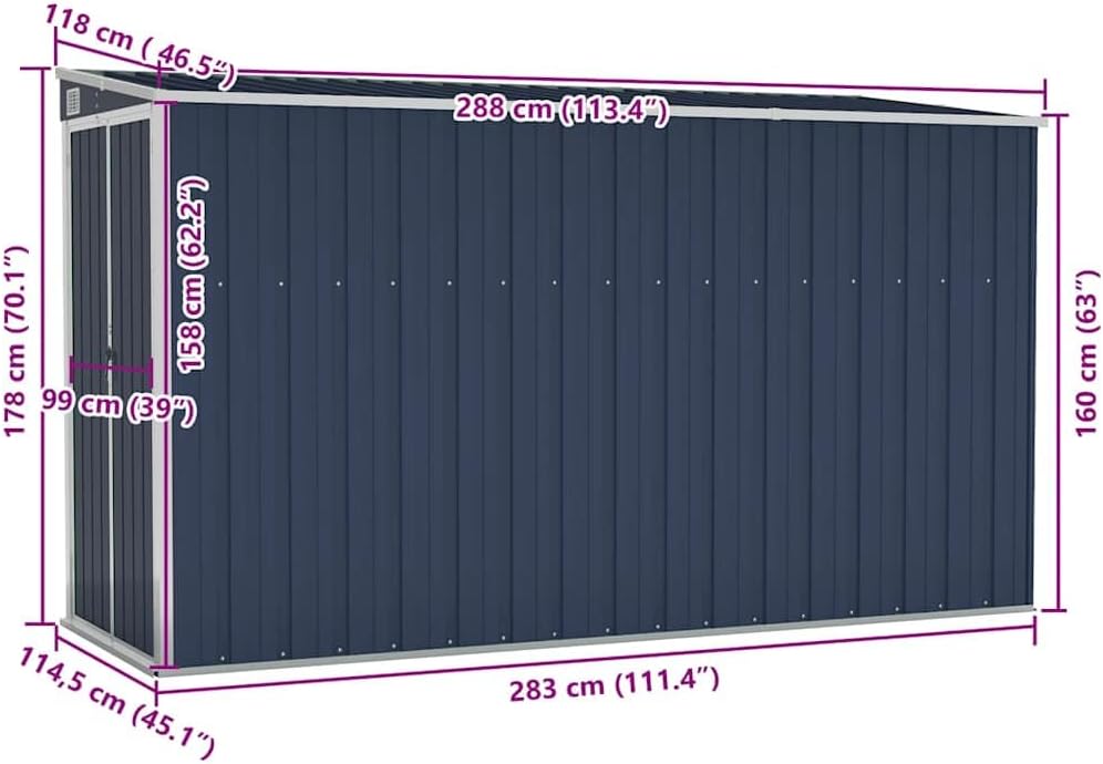 Abri de jardin mural anthracite - 118x288x178 cm 