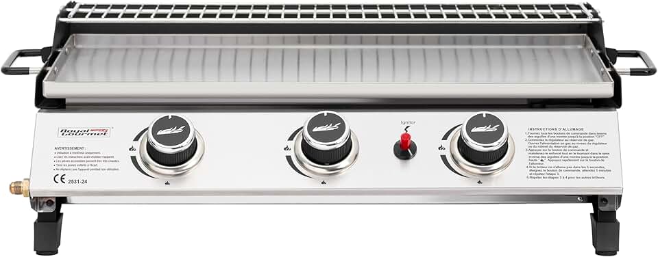 karaca-alisveris - Plancha gaz inox 3 brûleurs 61,5x32cm, 7,5kW, usage extérieur
