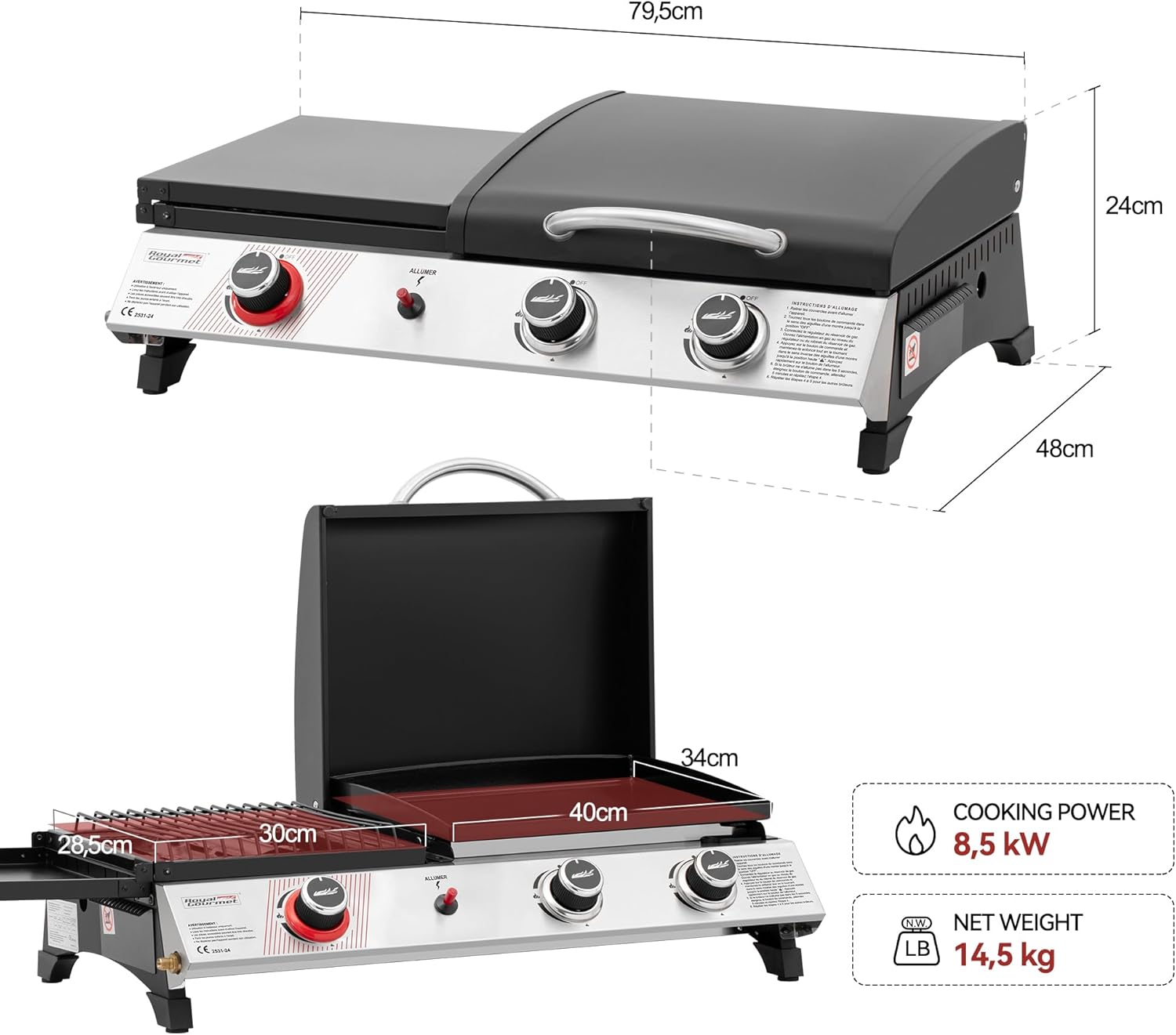 karaca-alisveris - barbecue gaz 3 brûleurs - 8,5kW - plancha, grille, couvercle multifonction