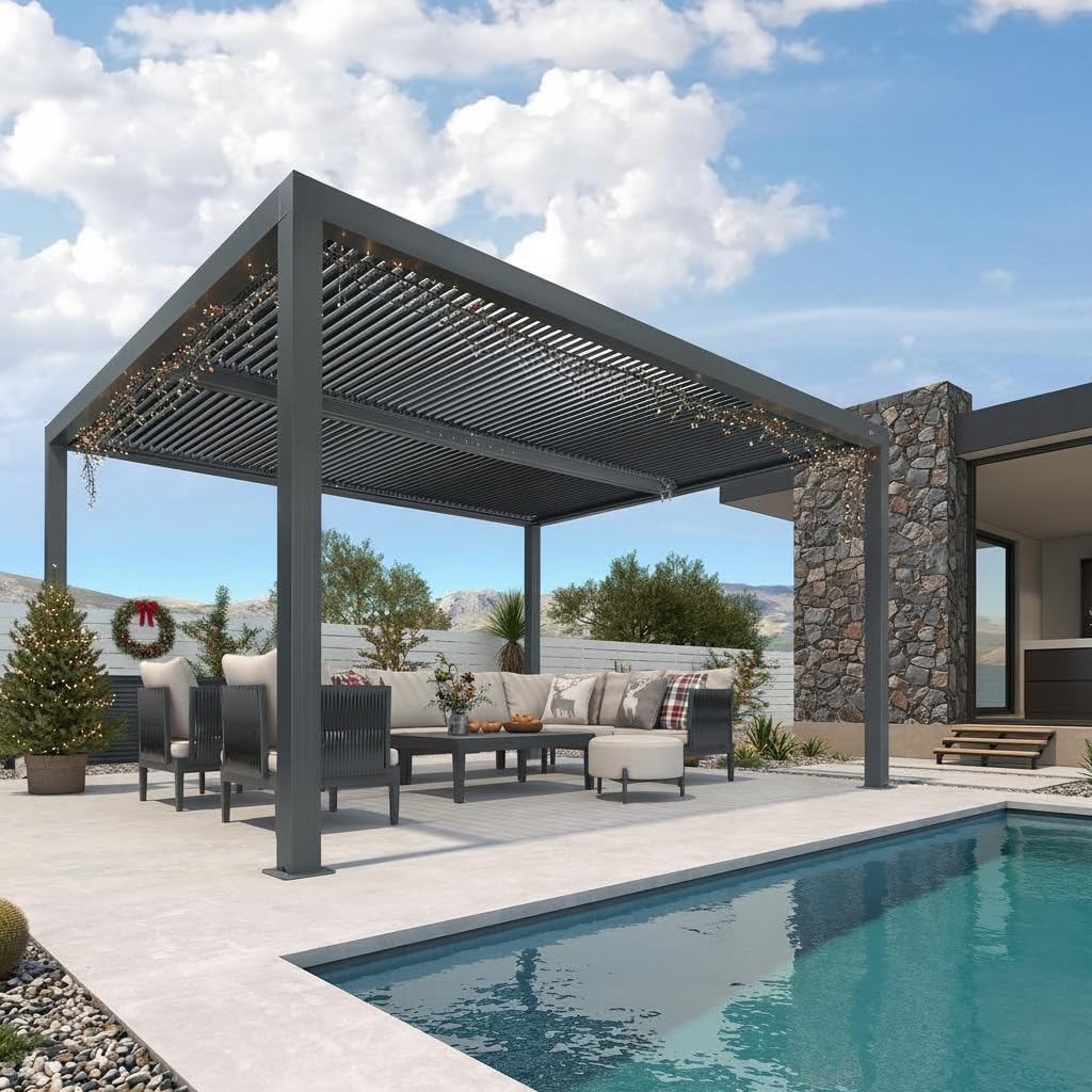 karaca-alisveris - Pergola Bioclimatique - 4,24 x 3,3 m - Aluminium, lames orientables, commande indépendante, gris