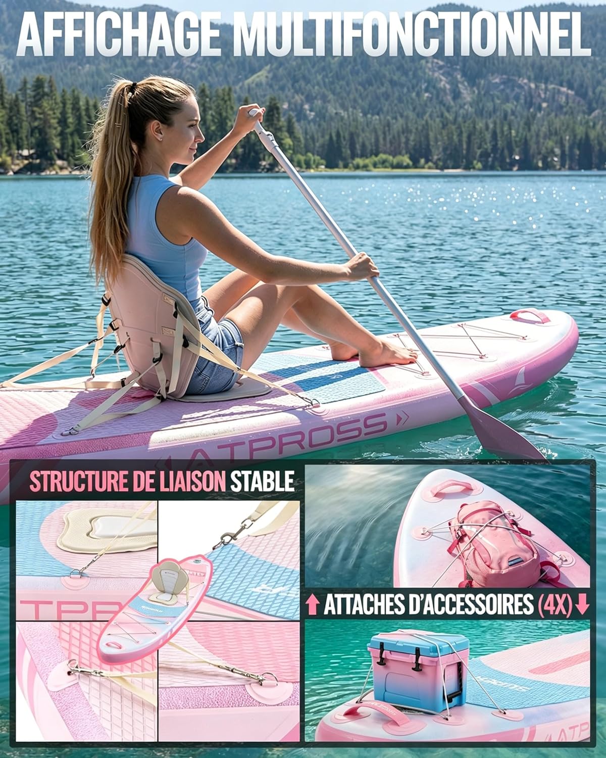 Stand Up Paddle Gonflable Adulte avec Siège Kayak & Accessoires, 320x84cm Planche de Sup Extra Large pour 2 Personnes, Charge 200kg, Kayak Gonflable 2 Places Stable et Antidérapant pour Surf
