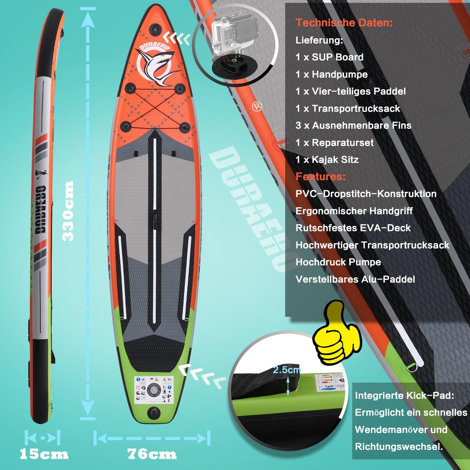 Kayak gonflable stand up paddle 330x76x15 cm, siège, sac, pompe