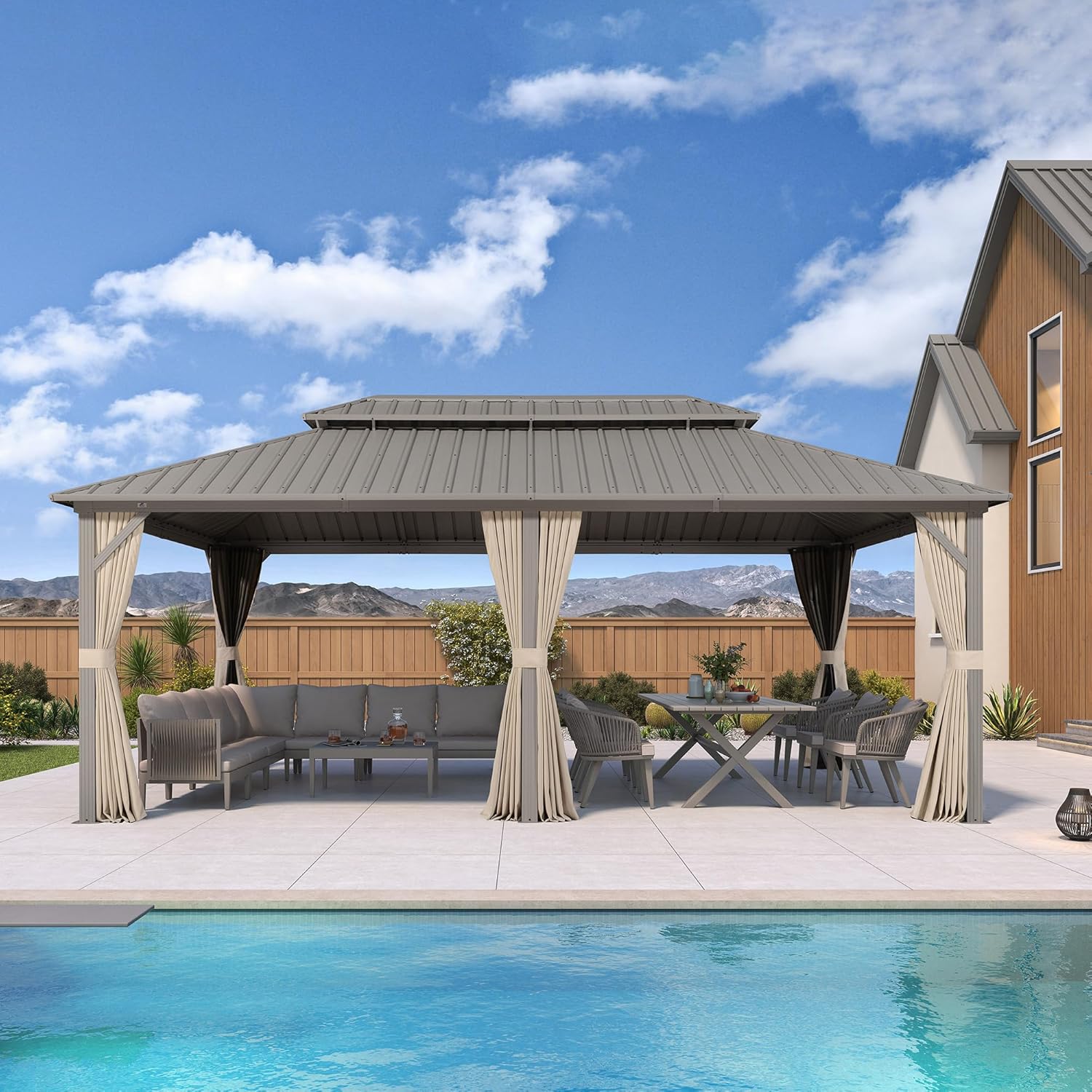 karaca-alisveris - Pergola série Champagne - 6 x 3,65 m - aluminium, toit acier, moustiquaire et rideaux