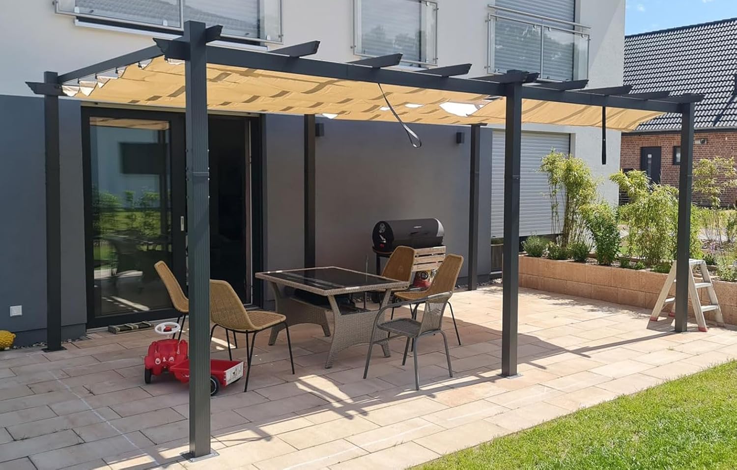 karaca-alisveris - Pergola aluminium série - 5,5x3,5m - toit coulissant, tissu teint en fil, kaki