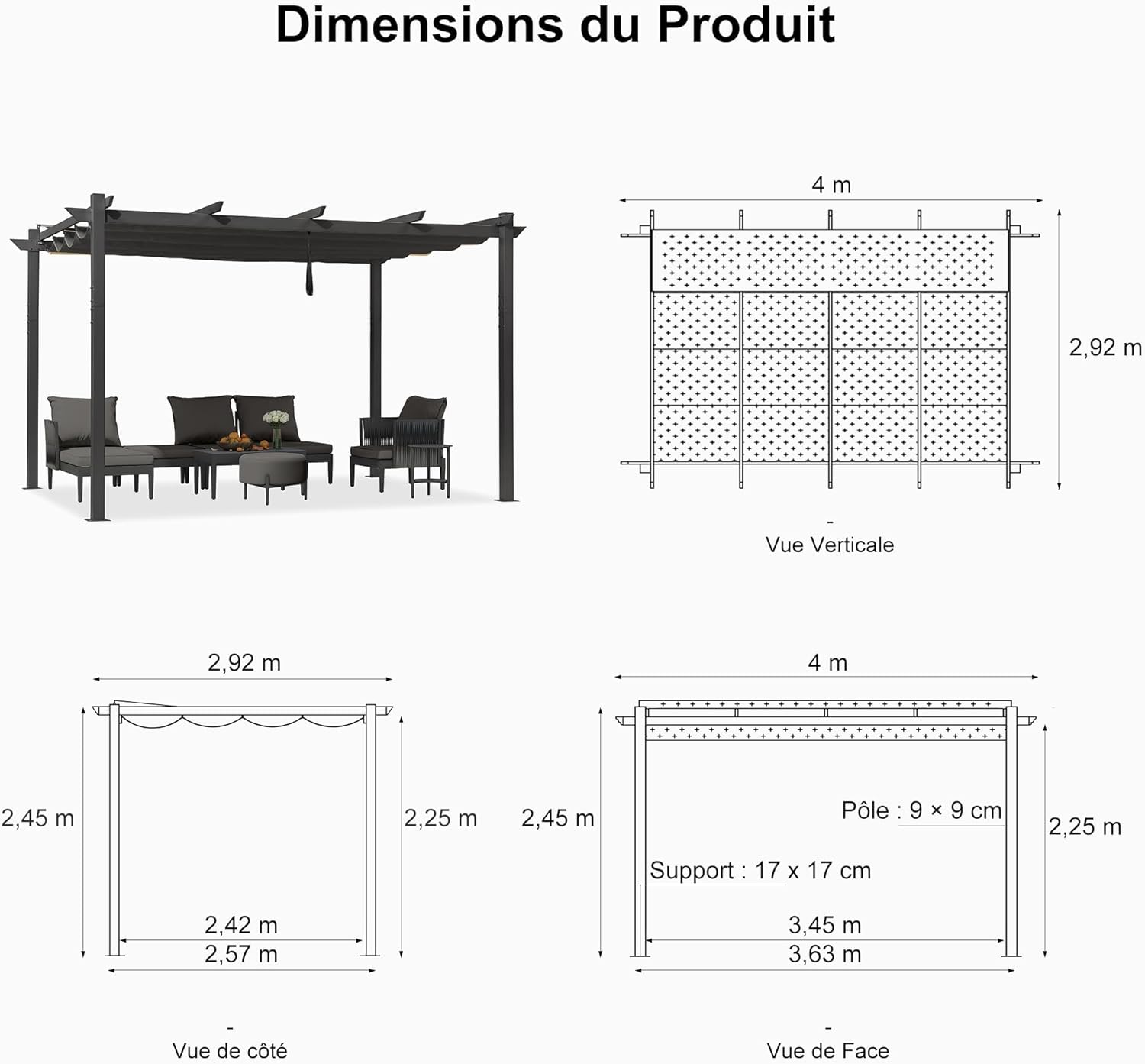 karaca-alisveris - Pergola Aluminium - 4x3m - Rideau, toit rétractable, imperméable