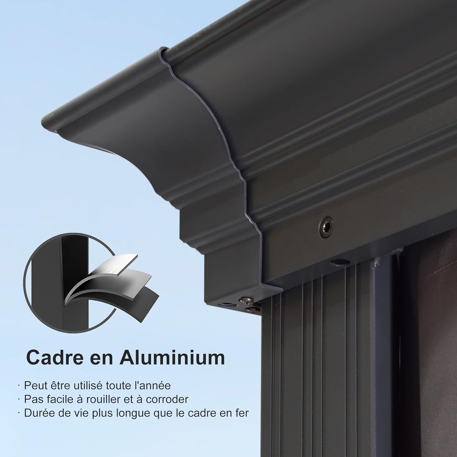 karaca-alisveris - tonnelle aluminium - 4,25x3 m - éclairage, rideaux, gouttière, poteaux renforcés