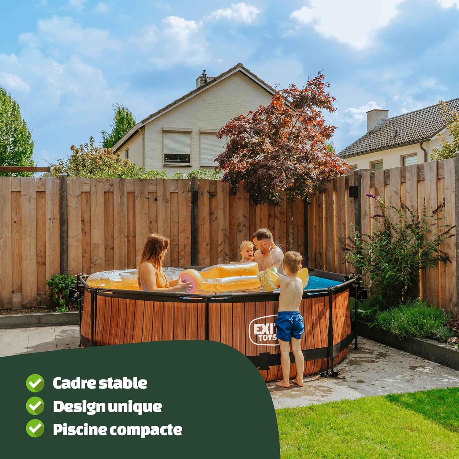 karaca-alisveris Piscine Tubulaire Wood - ø300x76cm - Piscine Hors Sol Ronde avec Pompe Filtrante à Cartouche - Entrée Basse - Idéal pour Les Jeunes Enfants - Cadre Stable - Design Unique - Marron