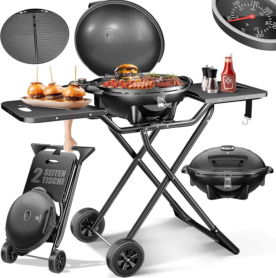 karaca-alisveris - Gril électrique pliable, 2400W, couvercle, thermomètre, table