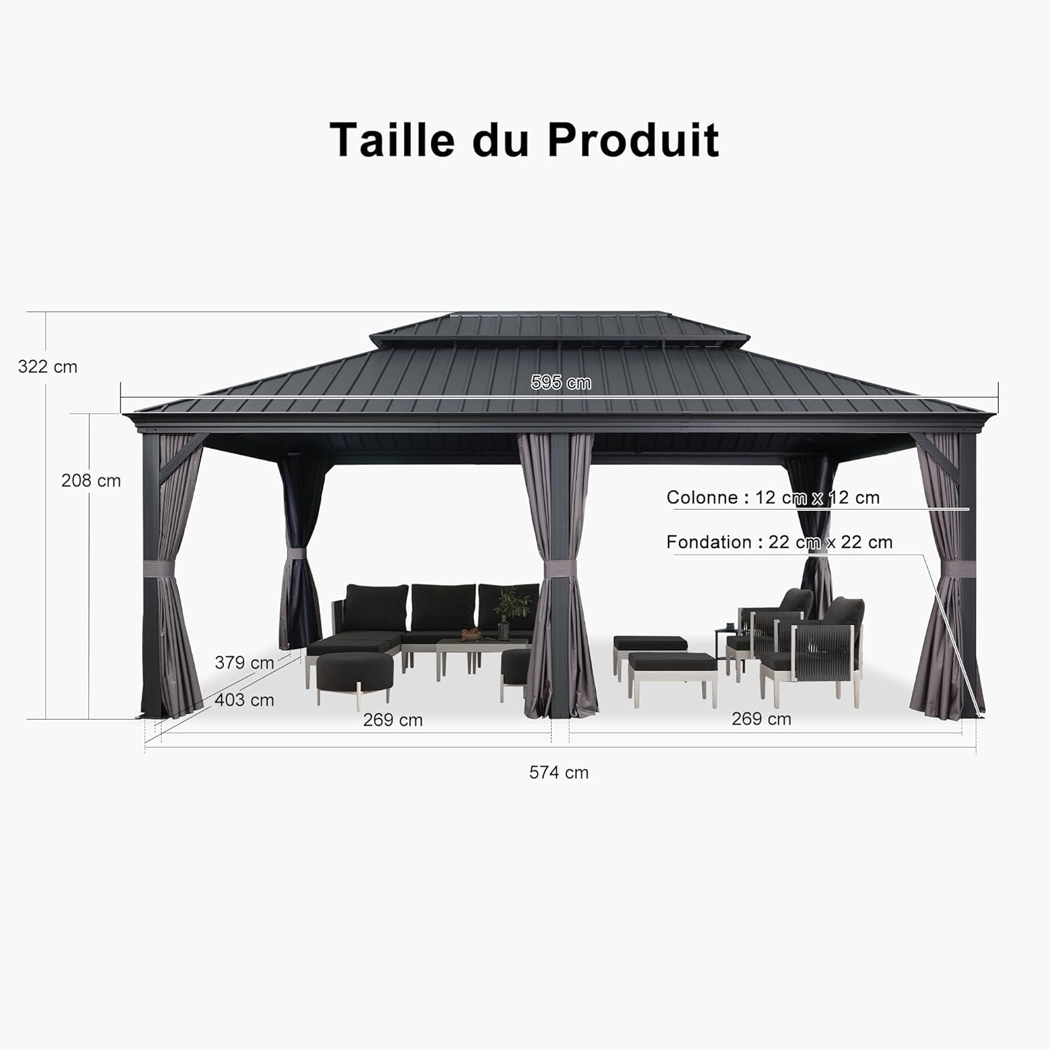 karaca-alisveris - tonnelle toit double acier, 6x4,25m, moustiquaire, rideaux