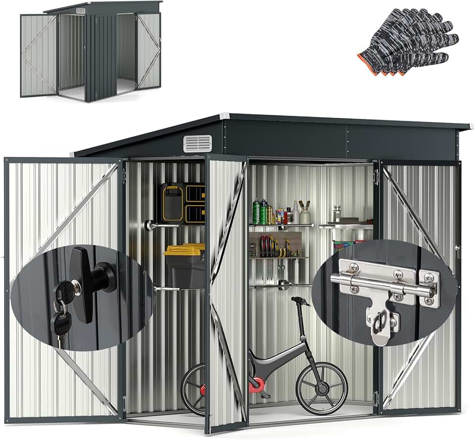 karaca-alisveris Abri de Jardin Métal 235X117X185CM avec 2 Portes Verrouillable-Loquets Clés Inclus et Fenêtres, Cabane à Outils Cabanon Résistant aux intempéries pour Poubelles Extérieur (Gris, 5M³)