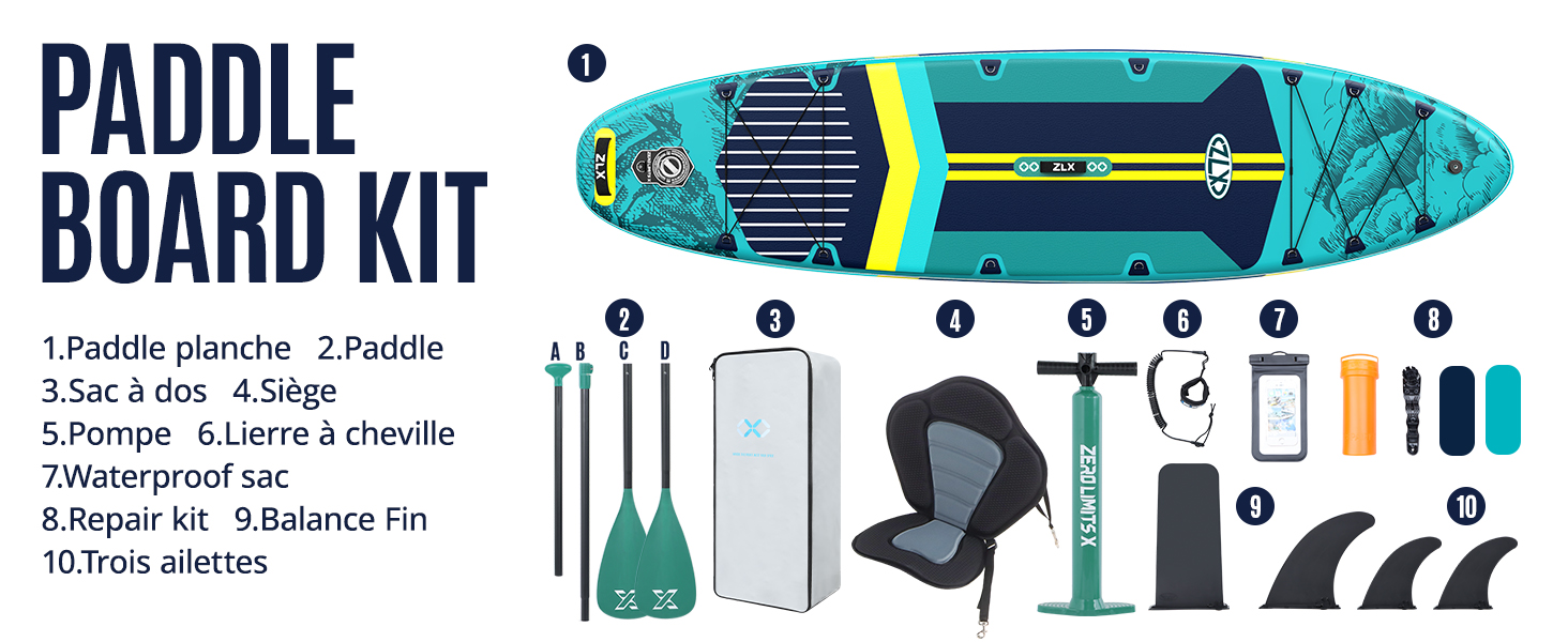 comprenant une planche gonflable, une pagaie, une pompe, des palmes, un kit de réparation et des accessoires. Tableau bleu sarcelle avec bande décorative jaune. Kit complet pour le stand-up paddling