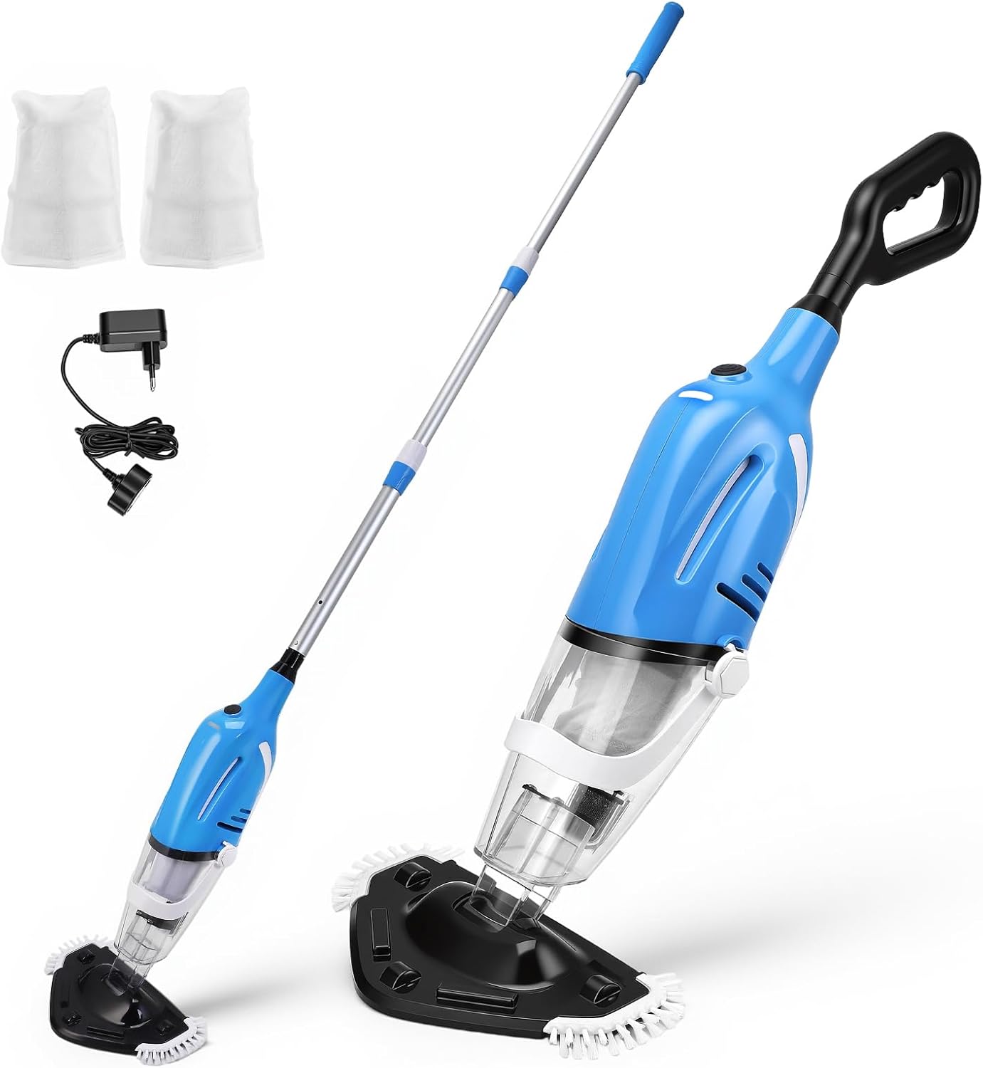 Aspirateur Piscine, Aspirateur Spa Rechargeable avec Aspiration Puissante 40 L/Min, Manche Télescopique de 131 à 199 cm, Capteur Automatique, 2 Têtes de Brosse pour Spas, Jacuzzis et Piscines