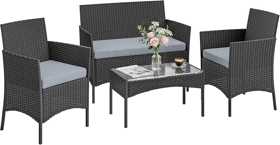 karaca-alisveris - Salon de Jardin 4 pers - résine tressée, coussins, table verre, gris