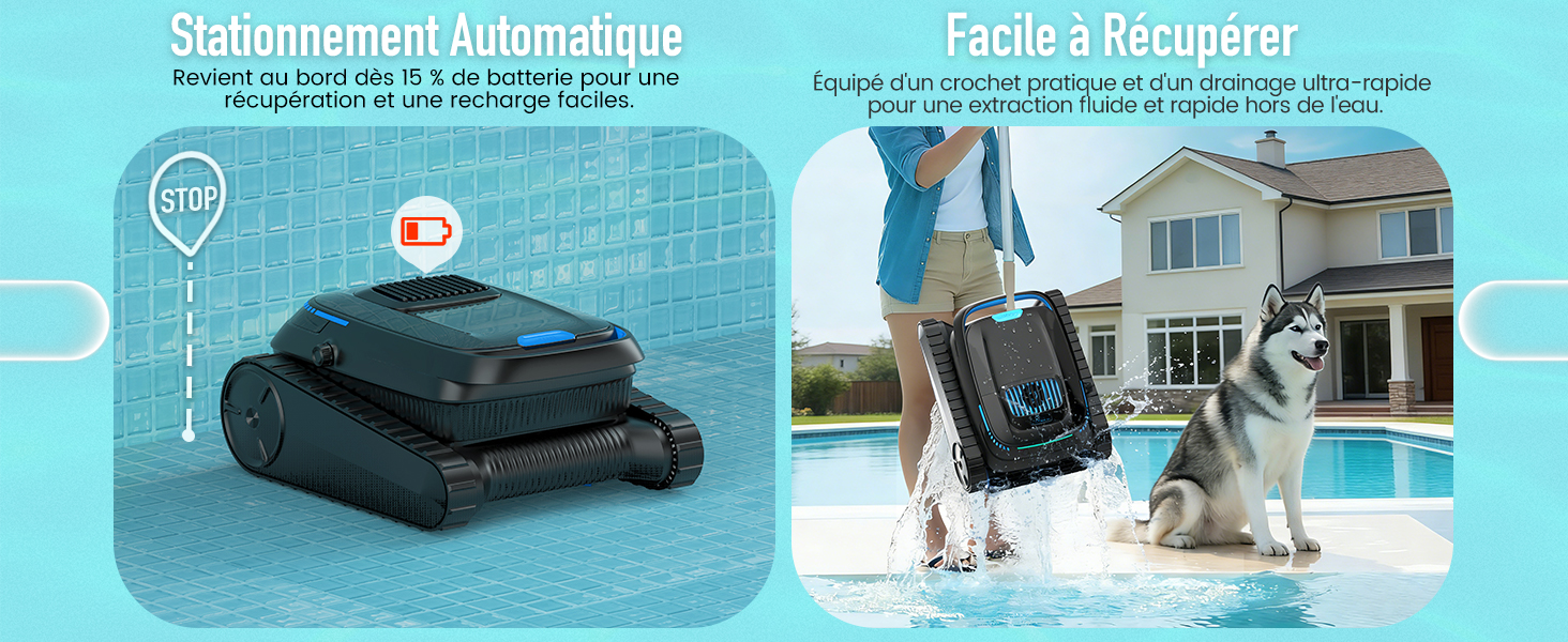 Le texte indique « Stationnement automatique » et « Facile à transporter ». Image divisée montrant un aspirateur robotique noir sur la gauche et une personne tenant un appareil robotique blanc à l'extérieur, démontrant les fonctionnalités de stationnement automatique et de portabilité.