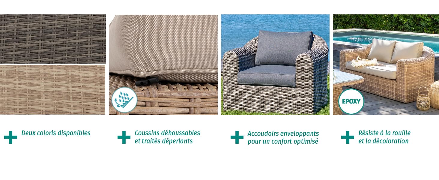 Image composite de mobilier d'extérieur présentant des textures en rotin tressé de différentes couleurs. Montre des gros plans de coussins de chaise, d'accoudoirs et de la disposition des sièges dans des environnements naturels