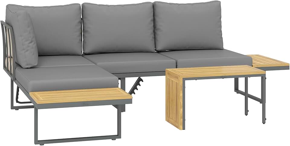 karaca-alisveris - salon de jardin bois acacia 6 places modulable - coussins, dossier ajustable, gris
