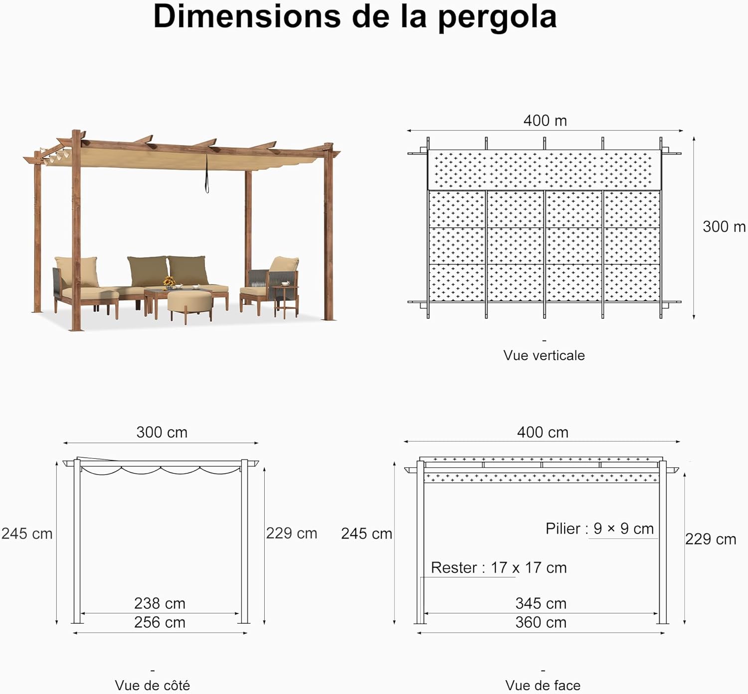karaca-alisveris - pergola aluminium 4x3m teck, toile rétractable, kaki