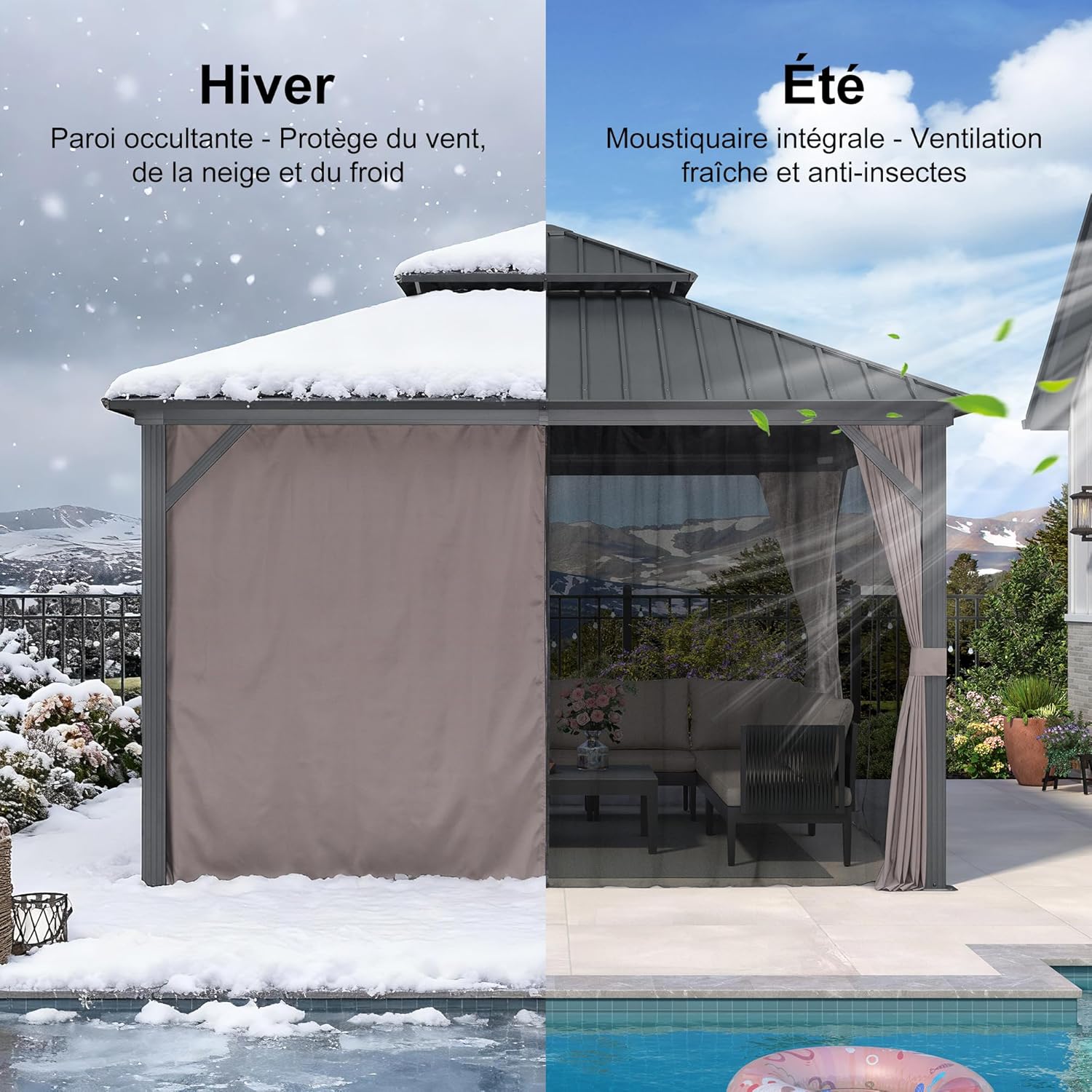 karaca-alisveris Tonnelle de Jardin Extérieur 3,65 x 3,65 m avec Guirlande Lumineuse, Pavillon Aluminium à Double Toit en Acier Galvanisé, Pergola Jardin Extérieur avec Rideaux pour Fête, Barbecue, Gris