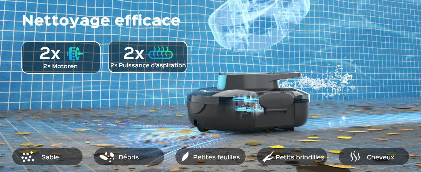 Le texte indique « Nettoyage efficace ». Publicité d'un robot de nettoyage de piscine montrant un appareil avec des icônes de performance sur fond bleu carrelé avec des bulles.