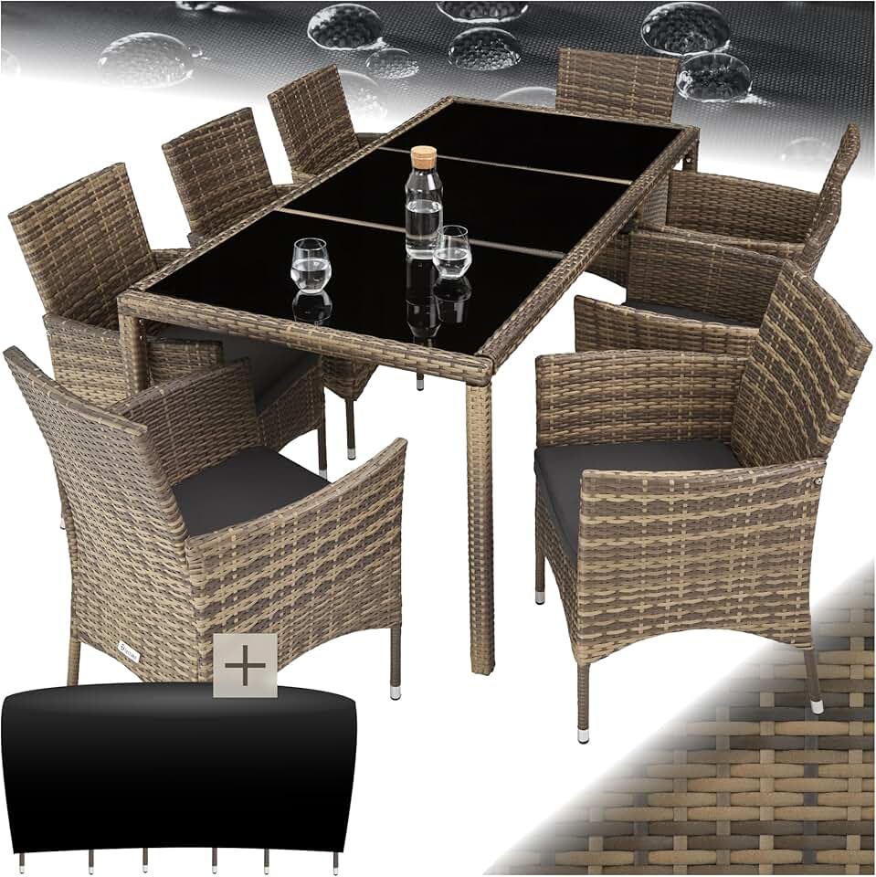 karaca-alisveris - Salon de jardin rotin, 8 fauteuils, table, housse, confort, marron naturel/gris foncé