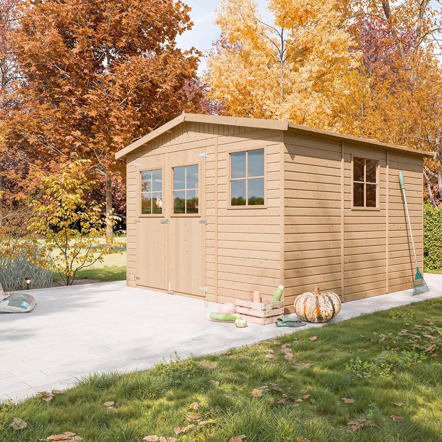 Abri de Jardin en Bois Naturel - Stockage extérieur avec fenêtres- H226x316x324 cm/9 m² Hangar en Bois Naturel - Atelier Rangement Outils et vélos- karaca-alisveris M335