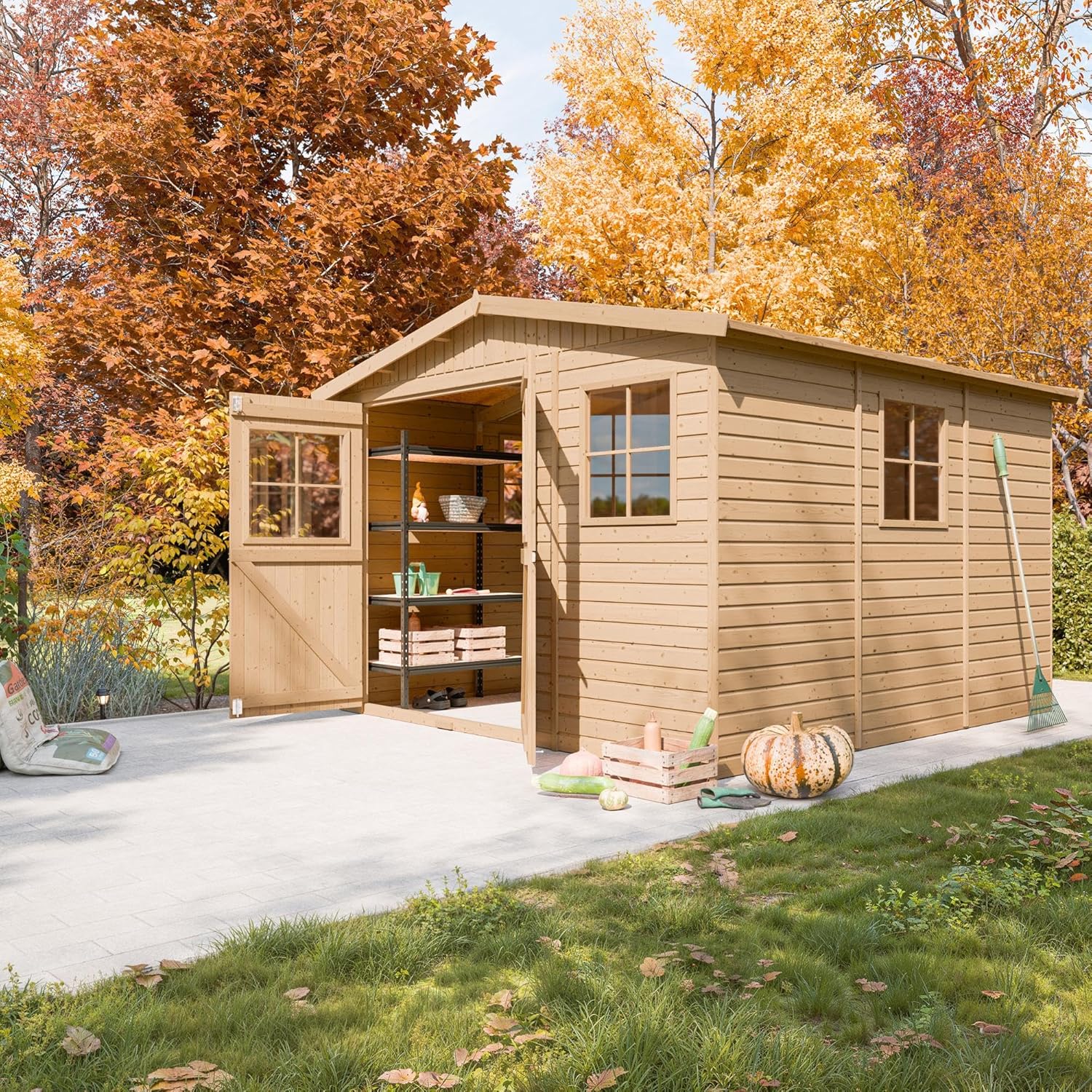 Abri de Jardin en Bois Naturel - Stockage extérieur avec fenêtres- H226x316x324 cm/9 m² Hangar en Bois Naturel - Atelier Rangement Outils et vélos- karaca-alisveris M335