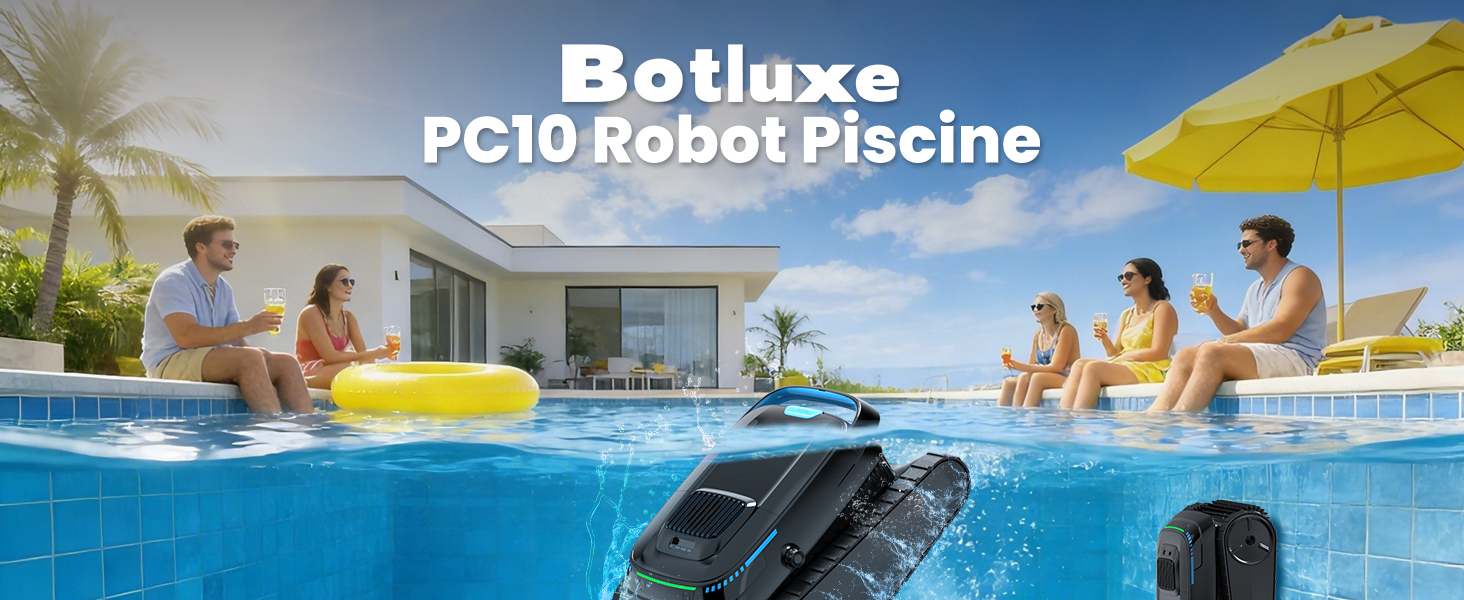 Le texte indique « Bestluxe PC10 Robot Piscine ». Nettoyeur de piscine robotique jaune affiché dans la piscine avec des personnes profitant de l'eau en arrière-plan.