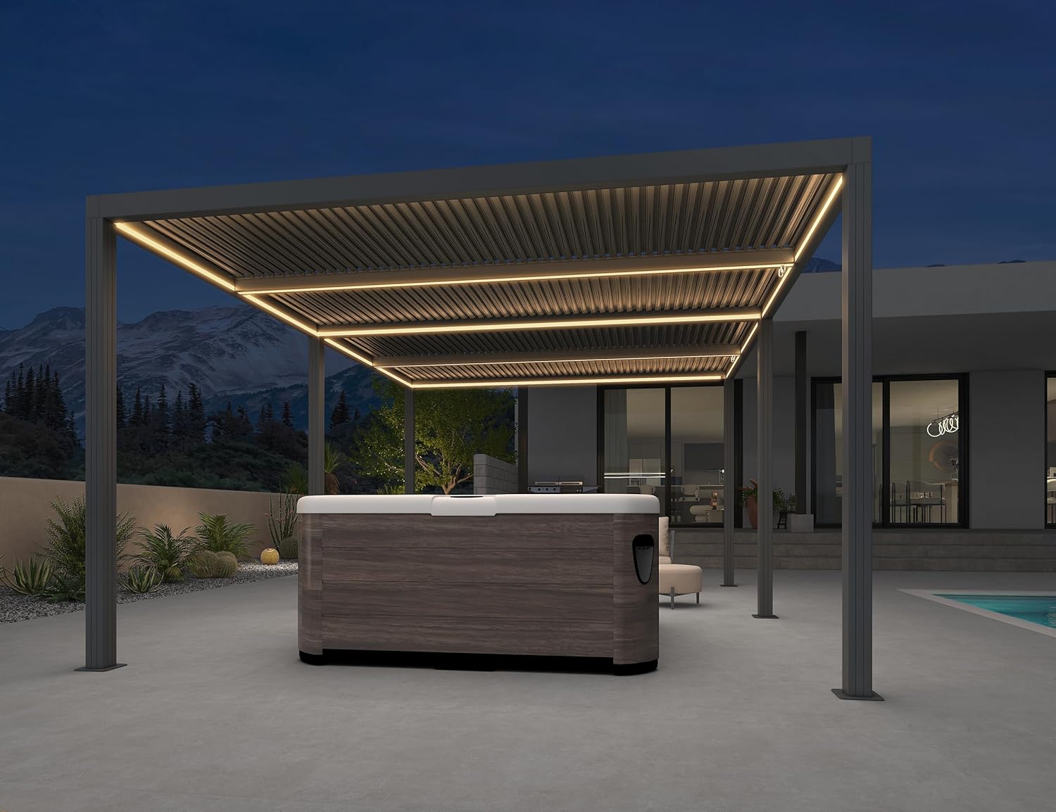 karaca-alisveris - Pergola bioclimatique - 6 x 3,68 m - alu, LED, gouttières, gris