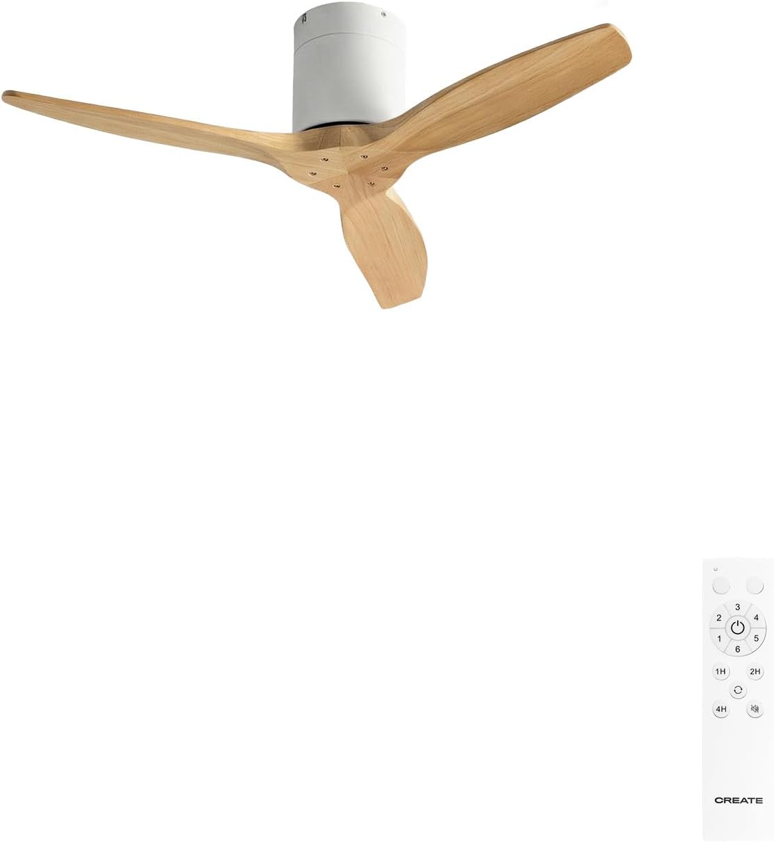 CREATE WINDCALM S Ventilateur de plafond ABS blanc, pales effet bois clair avec télécommande, 40 W, silencieux, Ø112 cm, 6 vitesses, minuteur, fonction été/hiver